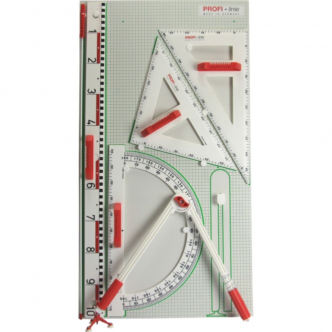 Gerätetafel-Satz mit magnetischen Geräten, mit Dezimeterlineal, Zirkel, Winkelmesser, 